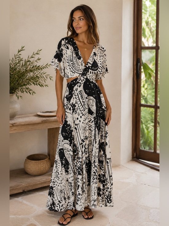 FARM Rio Dresses & Skirts - FARM RIO Black & White Tropical Vacation Resort V-Neck Maxi Dress Size Medium